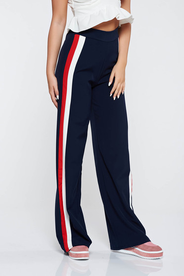 Pantaloni albastri-inchis casual evazati cu talie inalta din material usor elastic