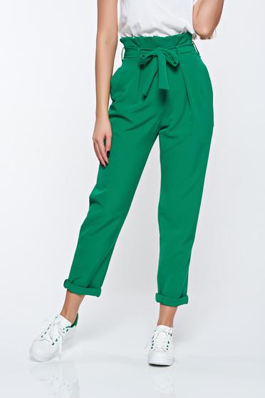 Pantaloni verzi casual din material usor elastic cu talie inalta cu buzunare