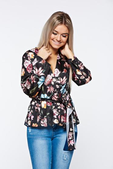 poze cu Camasa dama neagra eleganta din material satinat cu elastic in talie
