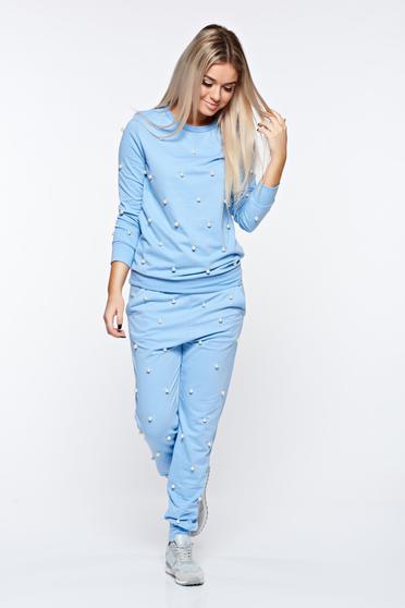 Set albastru-deschis casual din bumbac cu aplicatii cu perle cu elastic in talie