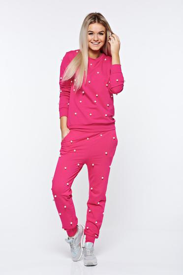 Set roz casual din bumbac cu aplicatii cu perle cu elastic in talie