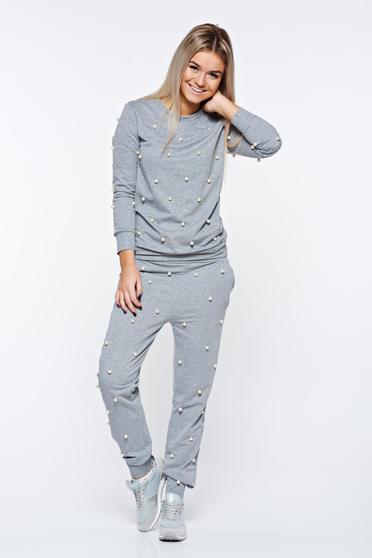 Set gri casual din bumbac cu aplicatii cu perle cu elastic in talie