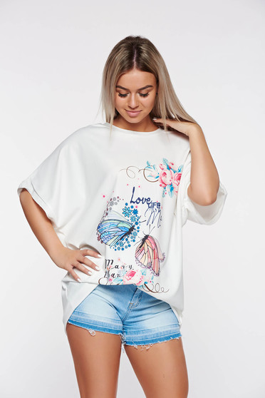Tricou alb casual cu croi larg cu print