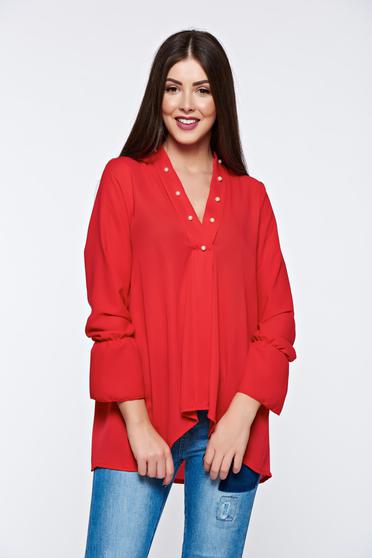 Bluza dama rosie asimetrica cu croi larg cu decolteu in v cu aplicatii cu margele