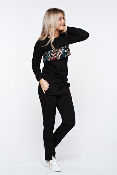 Set negru casual din bumbac cu buzunare cu snur in talie