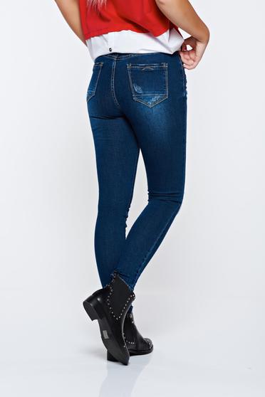 poze cu Blugi albastri-inchis skinny din bumbac cu rupturi cu talie medie