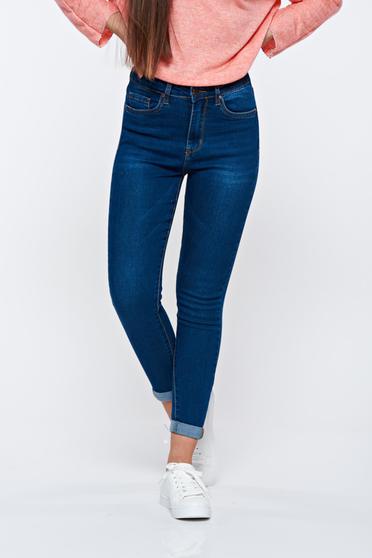 Blugi albastri-inchis casual skinny din bumbac cu talie inalta