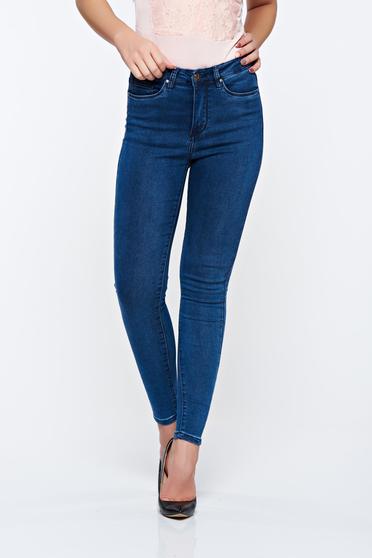 Blugi albastri-inchis casual skinny din bumbac cu buzunare in fata si in spate