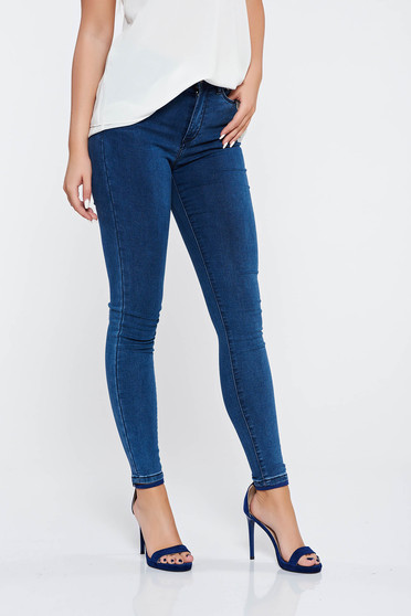 Blugi albastri-inchis casual skinny din bumbac cu buzunare in fata si in spate