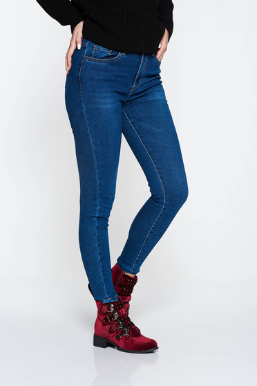 Blugi albastri-inchis casual skinny din bumbac cu buzunare in fata si in spate