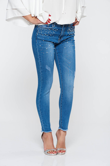 Blugi albastri casual skinny din bumbac cu talie inalta cu aplicatii cu perle