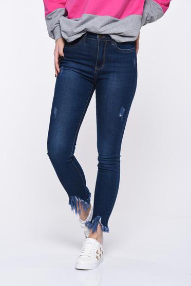 Blugi albastri-inchis skinny cu talie medie din bumbac elastic cu rupturi