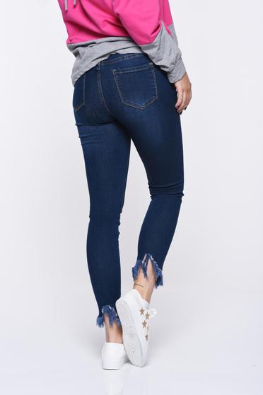 poze cu Blugi albastri-inchis skinny cu talie medie din bumbac elastic cu rupturi