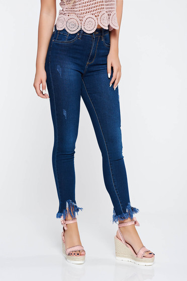 Blugi albastri-inchis skinny cu talie medie din bumbac elastic cu rupturi
