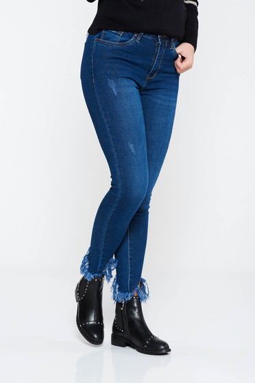 Blugi albastri-inchis skinny cu talie medie din bumbac elastic cu rupturi