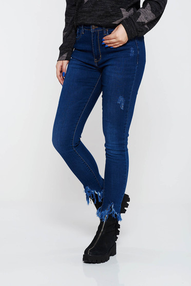 Blugi albastri-inchis skinny cu talie medie din bumbac elastic cu rupturi