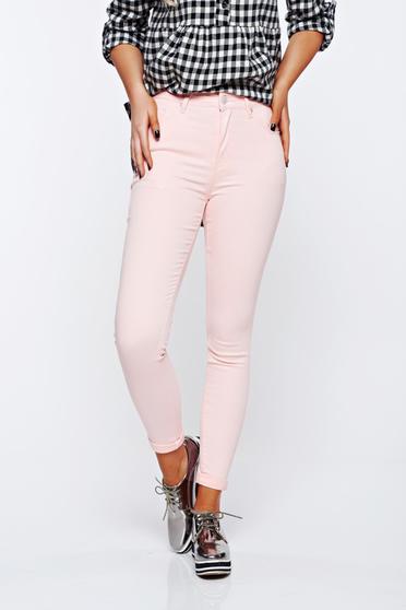 Blugi roz deschis casual skinny din bumbac cu talie inalta