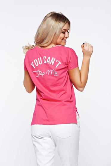 Tricou Top Secret roz casual din bumbac cu croi larg cu print