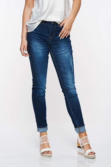 Pantaloni Top Secret albastri casual cu talie inalta din bumbac cu buzunare in fata si in spate