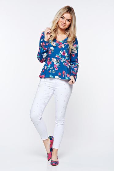 poze cu Bluza dama Top Secret albastra casual cu croi larg din material neelastic cu decolteu in v