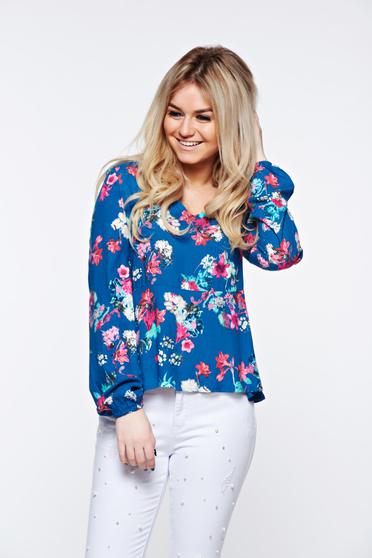 poze cu Bluza dama Top Secret albastra casual cu croi larg din material neelastic cu decolteu in v