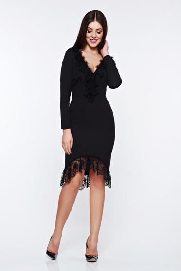 poze cu Rochie neagra eleganta tip creion din material usor elastic cu aplicatii de dantela