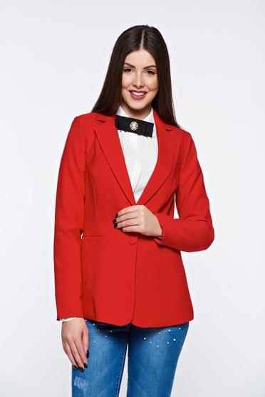 Sacou Artista rosu office din stofa neelastica captusit pe interior cu buzunare accesorizate