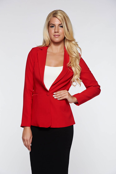 Sacou Artista rosu office din stofa neelastica captusit pe interior cu buzunare accesorizate