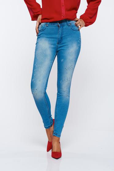 Blugi Top Secret albastri casual din bumbac cu talie medie din material perforat cu buzunare