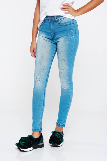 Blugi Top Secret albastri casual din bumbac cu talie medie
