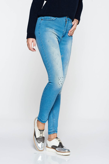 Blugi Top Secret albastri casual din bumbac cu talie medie
