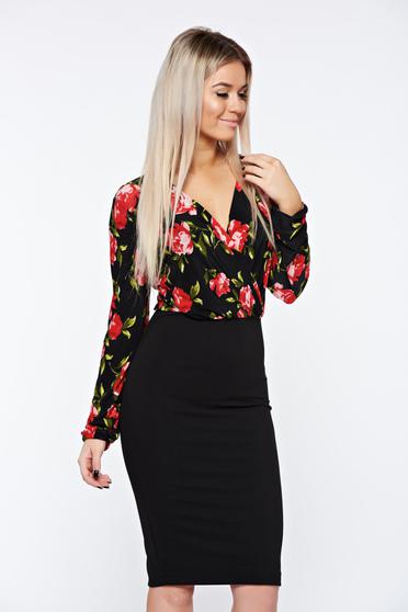 Rochie StarShinerS neagra eleganta tip creion din material elastic cu decolteu