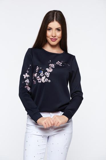 Bluza dama Top Secret albastra-inchis casual brodata cu croi larg din material usor elastic