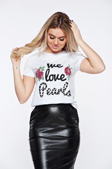 Tricou Top Secret alb casual din bumbac cu croi larg cu print
