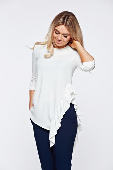 Bluza dama StarShinerS alba office asimetrica din material elastic cu volanase