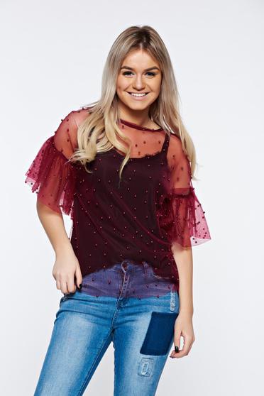 Bluza dama StarShinerS visinie de party cu croi larg din tul cu aplicatii cu perle