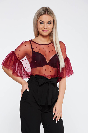 Bluza dama StarShinerS visinie de party cu croi larg din tul cu aplicatii cu perle