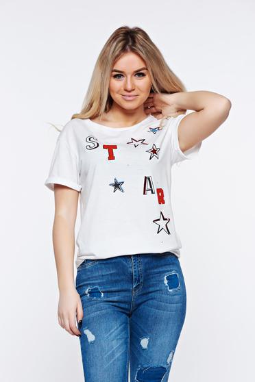 Tricou Top Secret alb casual cu croi larg cu print