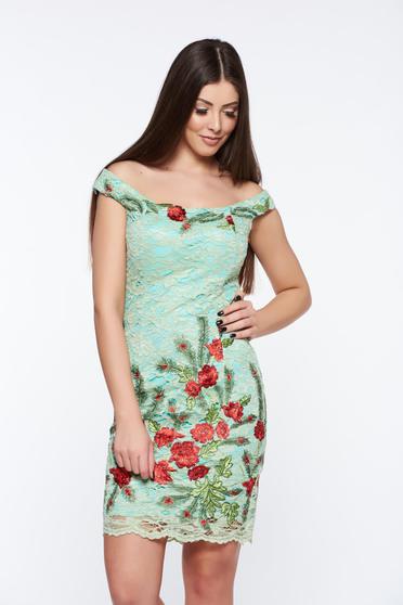 Rochie Artista verde de ocazie tip creion din dantela brodata captusita pe interior