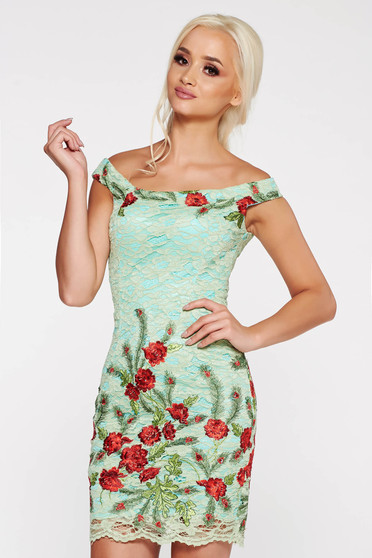Rochie Artista verde de ocazie tip creion din dantela brodata captusita pe interior