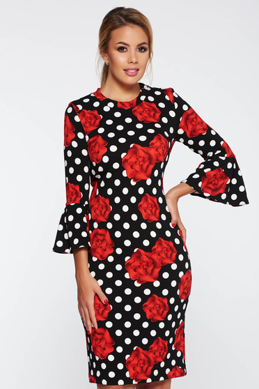 Rochie StarShinerS neagra de zi cu croi larg din material elastic cu volanase la maneca