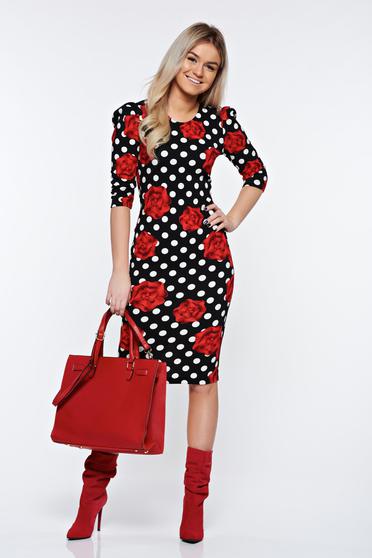 Rochie StarShinerS neagra de zi tip creion din material elastic cu print