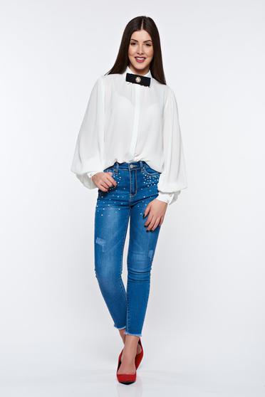 Camasa dama PrettyGirl alba eleganta cu croi larg din material vaporos cu maneci bufante