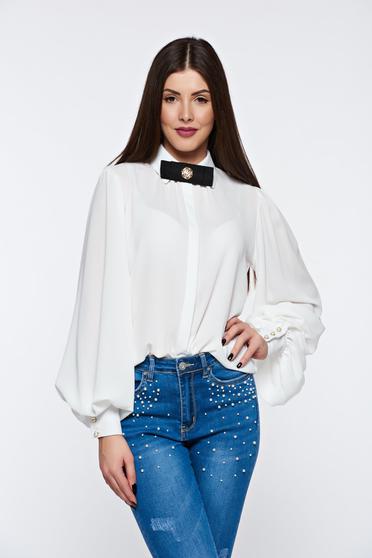 Camasa dama PrettyGirl alba eleganta cu croi larg din material vaporos cu maneci bufante