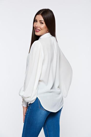 Camasa dama PrettyGirl alba eleganta cu croi larg din material vaporos cu maneci bufante