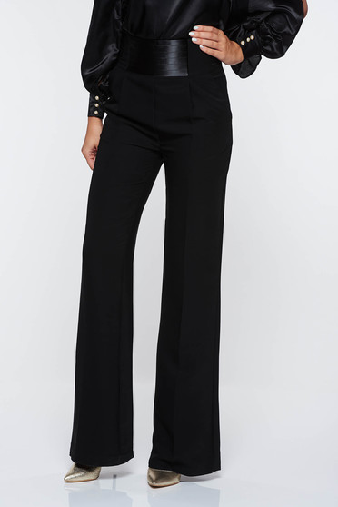 Pantaloni PrettyGirl negri eleganti cu talie inalta evazati cu buzunare