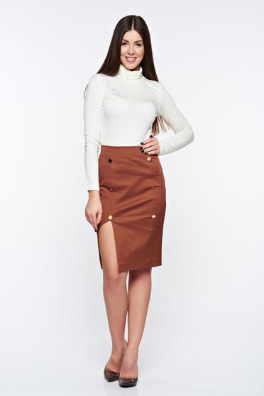 poze cu Fusta PrettyGirl maro office tip creion cu talie inalta captusita pe interior