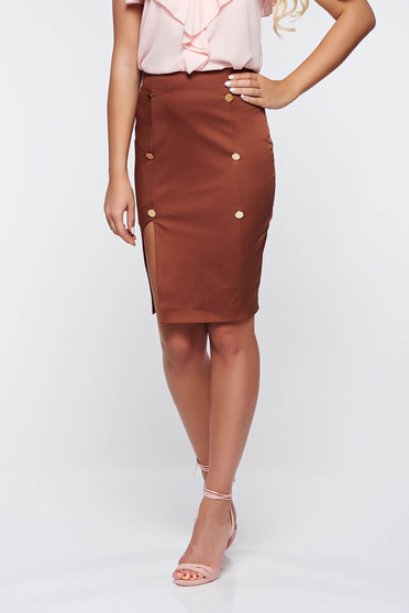 Fusta PrettyGirl maro office tip creion cu talie inalta captusita pe interior