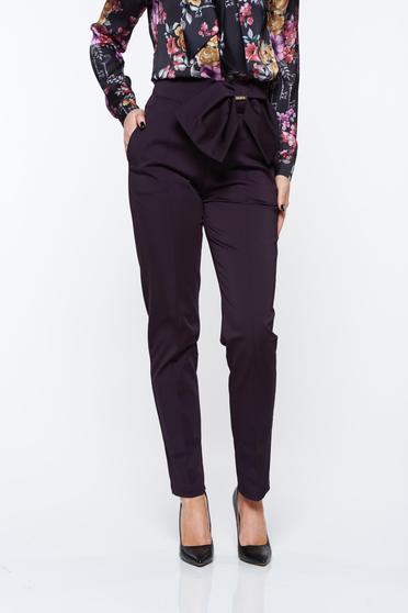 Pantaloni PrettyGirl mov office conici cu talie inalta din material usor elastic