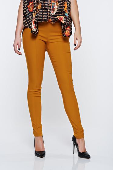 Pantaloni PrettyGirl mustarii office conici cu talie inalta cu buzunare